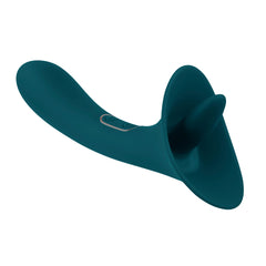 True Indulgence dual-ended vibrator shown from second angle, revealing curved shaft and base