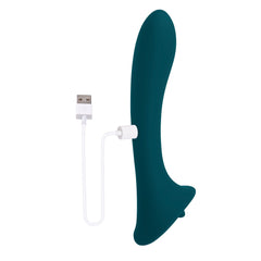 True Indulgence vibrator with magnetic USB charging cable attached to charging contacts