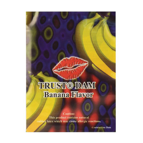 TRUST Dental Dam Banana Flavor single-pack with latex caution notice on colorful packaging