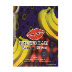 TRUST Dental Dam Banana Flavor single-pack with latex caution notice on colorful packaging
