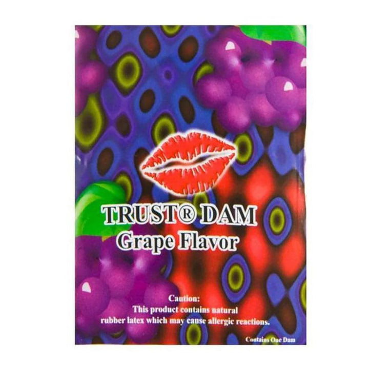 Trust Dental Dam single packet in grape flavor with colorful latex-safe caution label