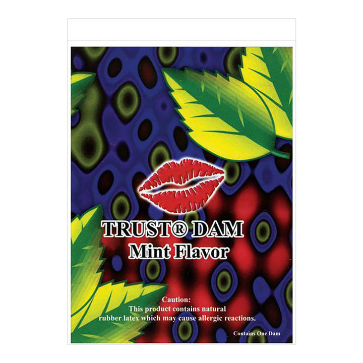 TRUST Dental Dam single packet in mint flavor with colorful lip graphic on front label