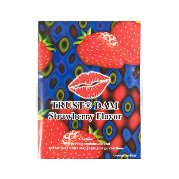 TRUST Dental Dam single packet in strawberry flavour with bold strawberry print design