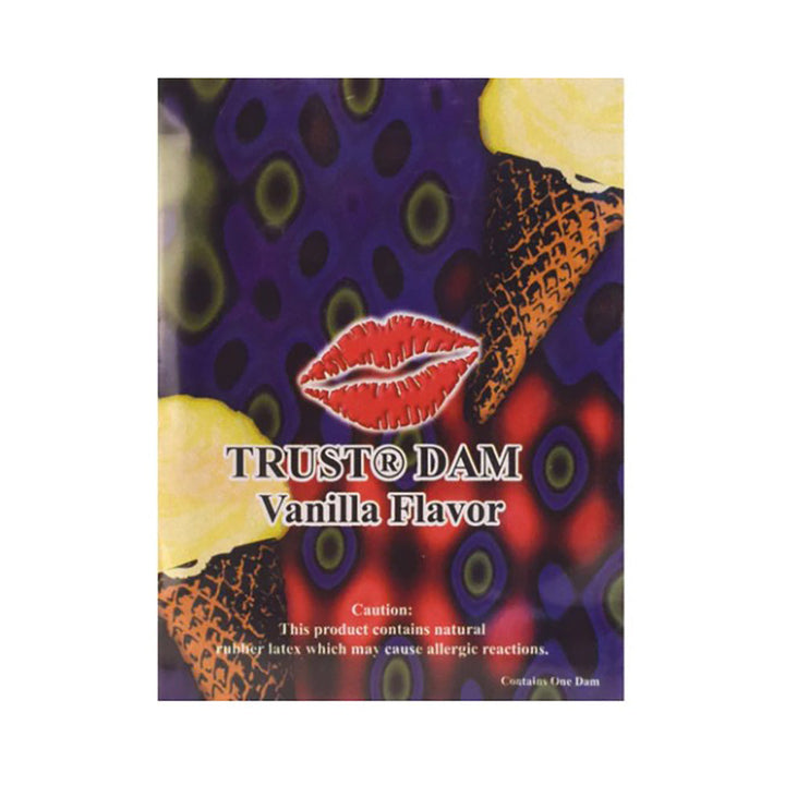 TRUST Dental Dam single packet in vanilla flavor with colorful lip print design on front