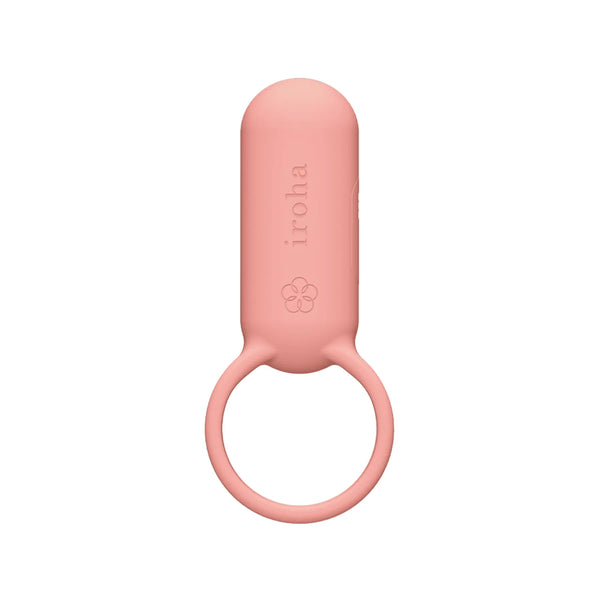 Tenga Iroha SVR vibrator ring in soft coral silicone, front view showing capsule body and loop