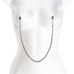 Tweezer-style nipple clamps with gunmetal chain shown on mannequin torso for scale