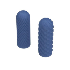 Two Arcwave Ghost sleeves showing spiral-ribbed and raised-dot exterior textures in blue