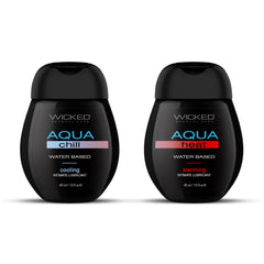 Two black bottles of Wicked Aqua Chill cooling and Aqua Heat warming water-based lubricants side by side