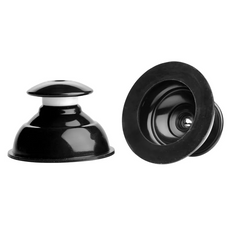 Two black Plungers nipple suckers isolated, revealing ribbed suction-cup base and knob top