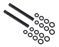 Two black silicone rods with full set of 16 assorted o-rings laid flat on white background