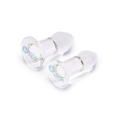Two clear borosilicate glass anal plugs with flat circular bases, back angle view