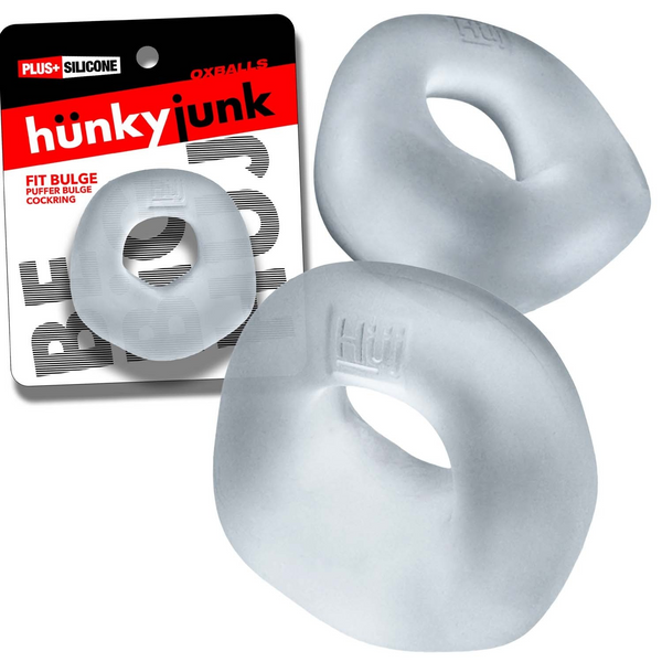 Two Fit Bulge cockrings beside retail card showing size scale and clear steam color variation