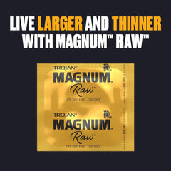 Two gold foil Magnum Raw condom packets displayed against a dark background