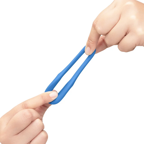 Two hands stretching blue silicone tri-sling to show super-stretchy, body-safe elasticity