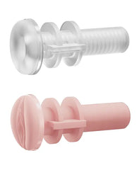 Two interchangeable soft sleeves for Solace: clear textured and pink body-safe silicone options