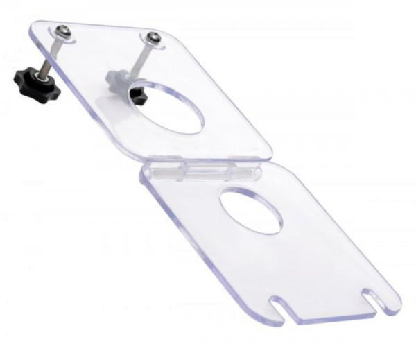 Two-panel acrylic board open flat displaying oval cutouts and adjustable black thumb screws