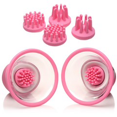 Two pink silicone nipple suckers with four interchangeable texture attachments displayed