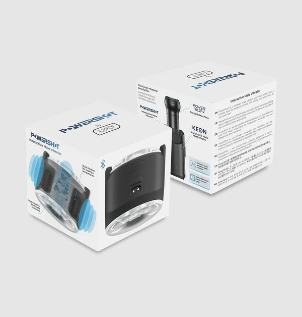 Two PowerShot retail boxes showing front and back packaging with product imagery and branding