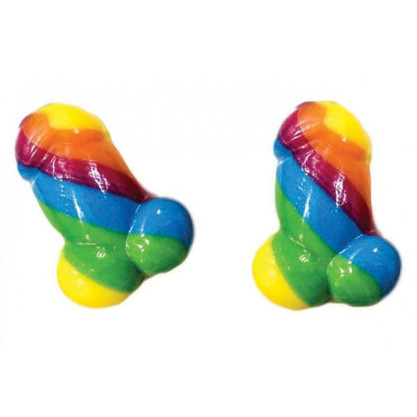 Close-up of two Rainbow Pecker Bites gummies showing vivid multicolour swirl detail