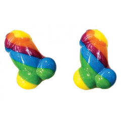 Close-up of two Rainbow Pecker Bites gummies showing vivid multicolour swirl detail
