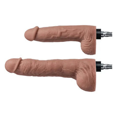 Close-up of two realistic silicone attachments showing detailed texture and connector base