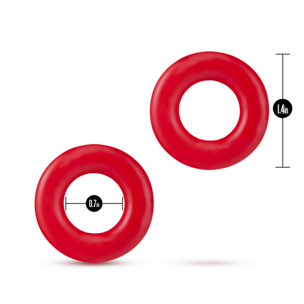 Two red silicone donut rings showing 0.7in inner diameter and 1.4in outer diameter