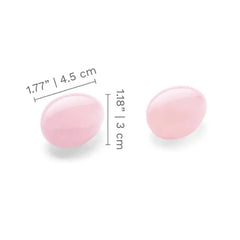 Two rose quartz yoni eggs with size dimensions: 4.5 cm long by 3 cm wide