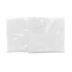 Two sealed translucent plastic packets of white molding powder, front and back view