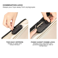 Close-up of two-way zipper and fixed 3-digit combination lock on gold discreet storage case