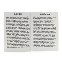 Two white instruction cards showing rules for Go F*ck and Crazy 69s card game variants