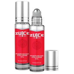 Two Zuice For Men Pheromone Cologne Oil roll-on bottles side by side, one capped one open
