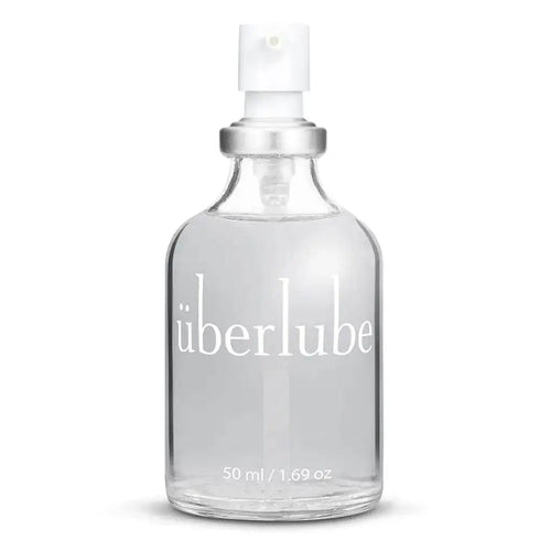 Überlube Luxury Lubricant 50ml in a clear glass pump bottle with silver collar