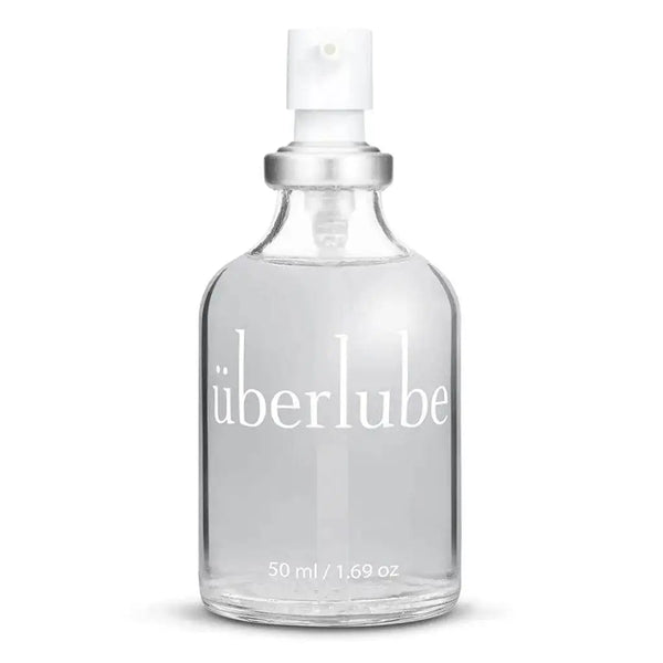 Überlube Luxury Lubricant 50ml in a clear glass pump bottle with silver collar