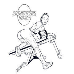 Uncolored Muscular Butt coloring page depicting a woman exercising on a gym bench with weights