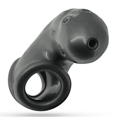 Underside angle of Airlock chastity cage showing drain tip opening and dual-ring base