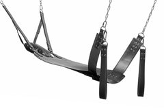 Underside angle of black leather sling showing studded straps and metal chain attachments