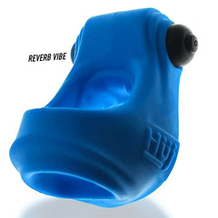 Close-up underside angle of blue REVSLING with Reverb Vibe seated in vibe pocket at top