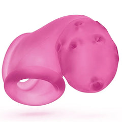 Underside angle of Oxballs Airlock cage highlighting open base ring and soft translucent silicone