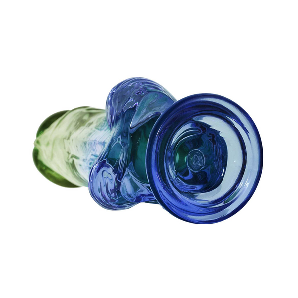Underside angle showing strong circular suction cup base of the Seaside Dreams Dildo in blue