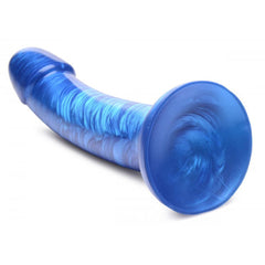 Underside view of blue silicone dildo highlighting wide suction cup base and ribbed texture