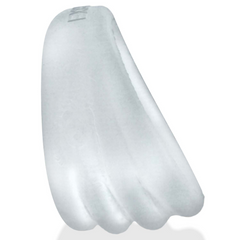 Close-up underside of Expander cockring highlighting ridged lifter fins in clear silicone