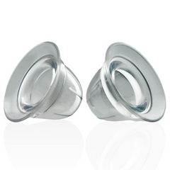 Underside view of two clear silicone nipple suckers showing wide soft flange seal rim