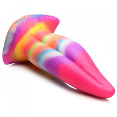 Close-up of the Unicorn Kiss dildo base and tip showing rainbow swirl texture and soft silicone detail