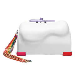 Unicorn Riding Sex Machine rear view showing white curved body, lavender handle, red feet, and rainbow tassel accent