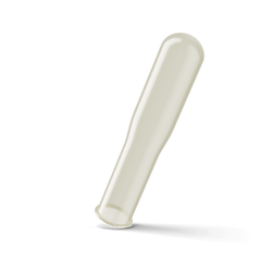 Unrolled latex condom displayed upright showing slim, tapered shape for a close fit