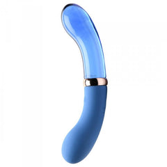 Upright view of 10X Bleu dual-ended vibrator highlighting rose-gold connector ring