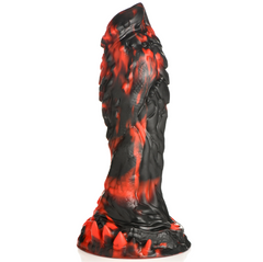 Upright side profile of the Reaper Dildo highlighting its tapered tip and ridged surface
