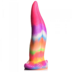Upright side view of the Unicorn Kiss multicolour silicone dildo displaying full height and tapered tip