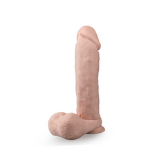 Close-up upright view of vanilla silicone dildo highlighting lifelike sculpted detailing