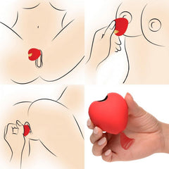 Usage diagram illustrating three placement options for the heart-shaped clitoral stimulator alongside a hand-size reference
